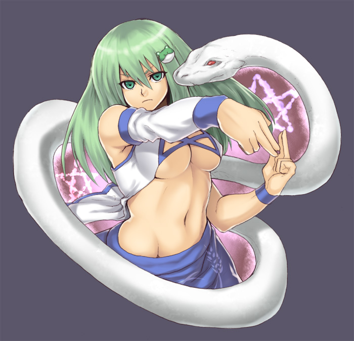 houtengeki, kochiya sanae, mishaguji, touhou, 1girl, breasts, female focus, green eyes, green hair, large breasts, matching hair/eyes, midriff, navel, snake, solo, underboob, white snake
