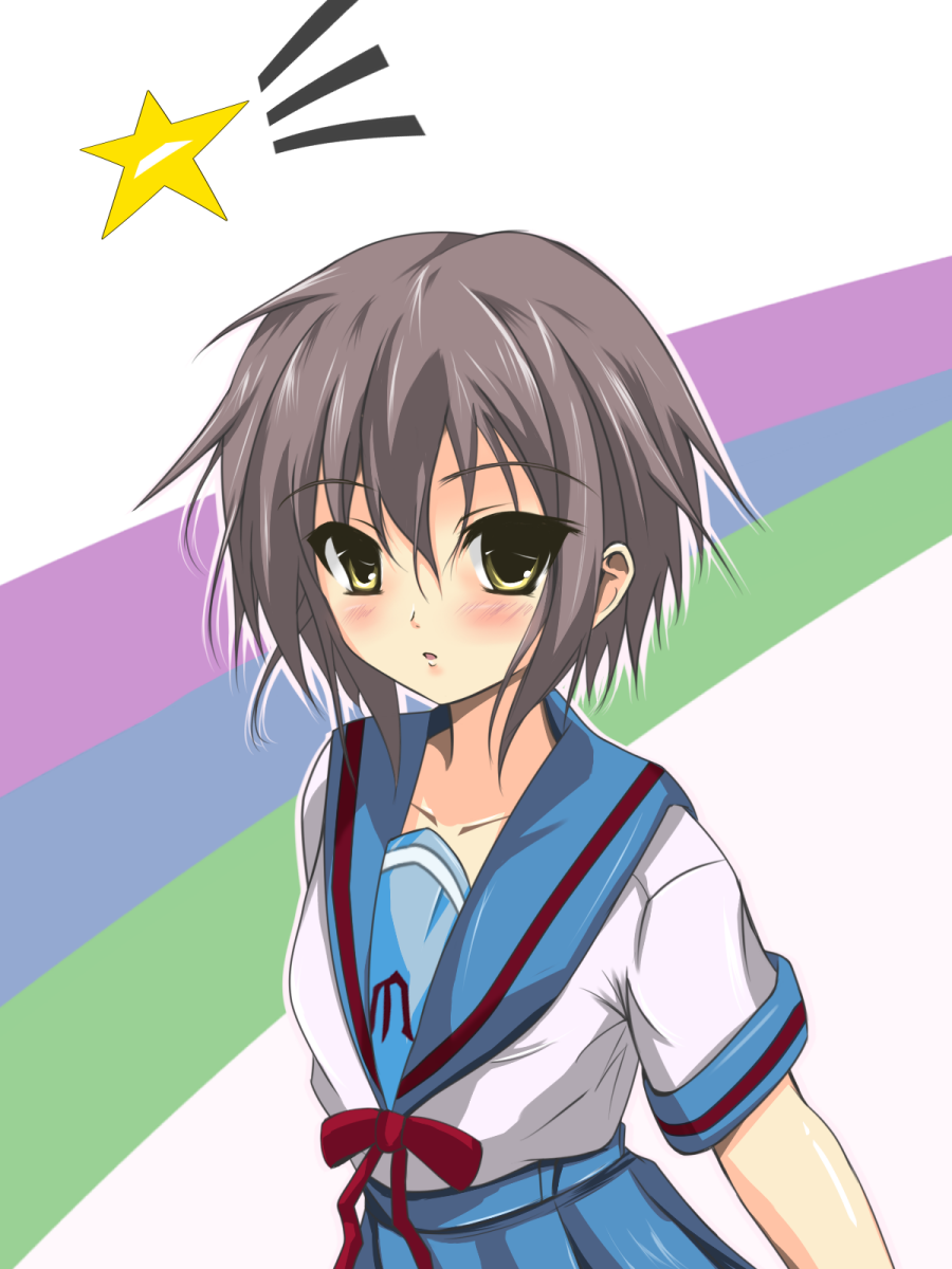 benibana, nagato yuki, suzumiya haruhi no yuuutsu, bad id, bad pixiv id, highres, 00s, 1girl, blush, female focus, grey hair, ribbon, school uniform, serafuku, shirt, short hair, skirt, solo, standing, striped background, yellow eyes