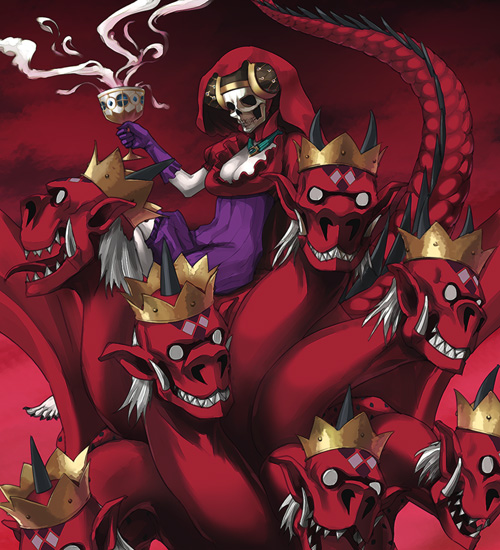 usatarou, mother harlot (megami tensei), atlus, shin megami tensei, shin megami tensei iii: nocturne, 1girl, barefoot, chalice, crown, cup, demon (megami tensei), demon girl, dragon, gloves, horns, hydra, skull, smoke