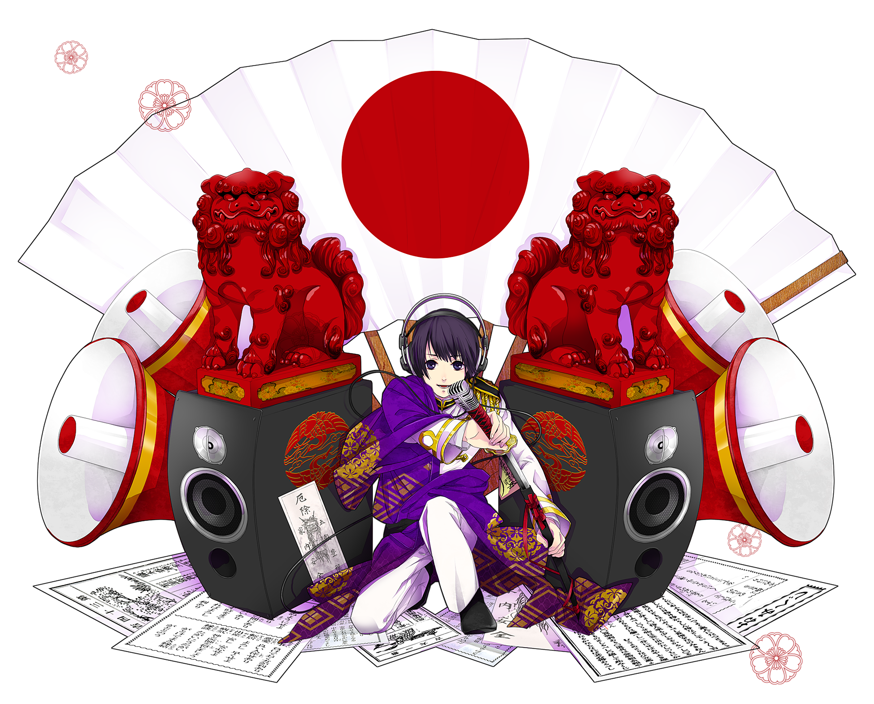 todoroki sora, japan (hetalia), axis powers hetalia, bad id, bad pixiv id, highres, 00s, 1boy, black hair, hand fan, headphones, japan, komainu, male focus, microphone, propaganda, solo, speaker, statue, sword, unmoving pattern, weapon