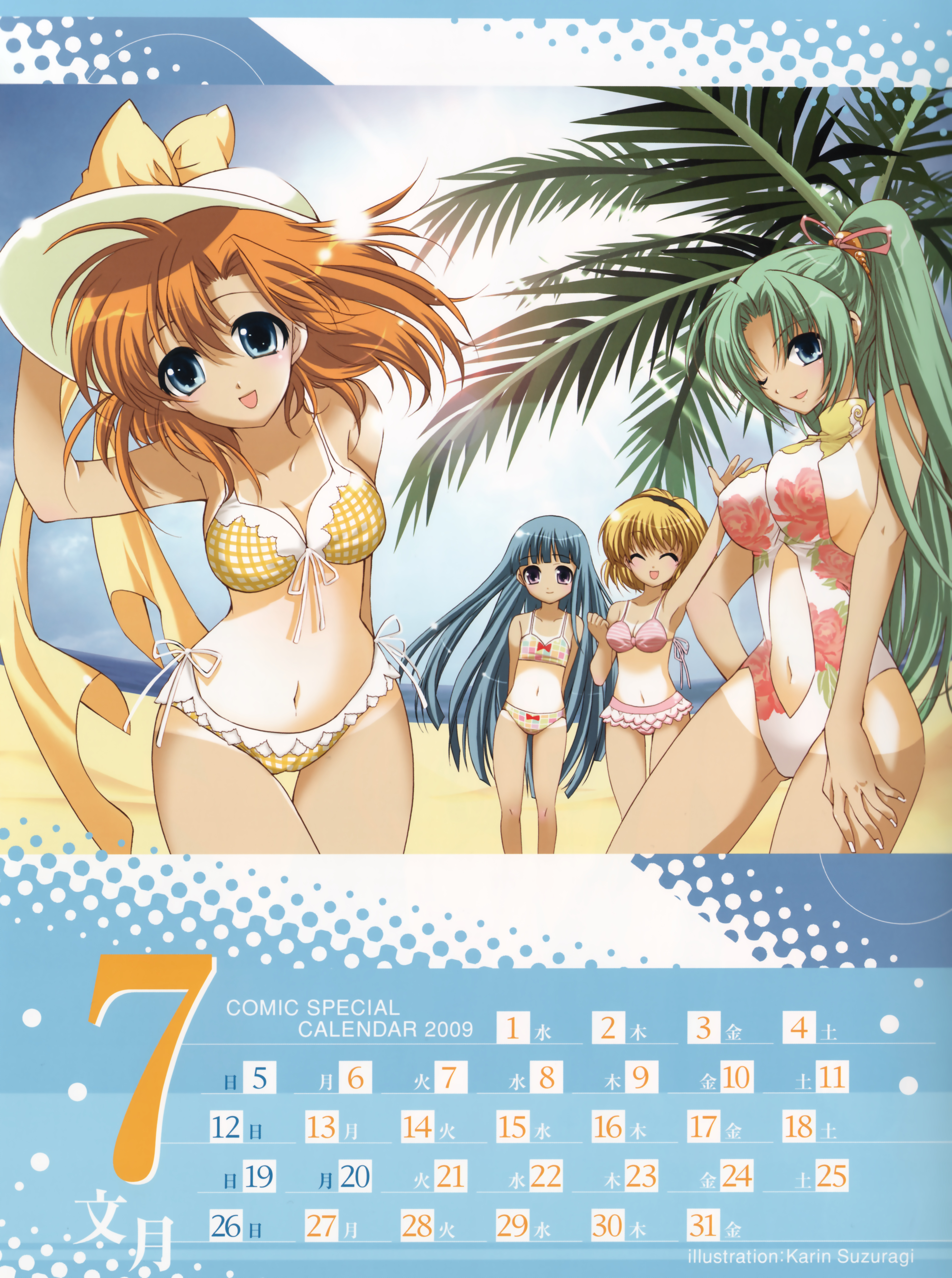 suzuragi karin, furude rika, houjou satoko, ryuuguu rena, sonozaki mion, higurashi no naku koro ni, absurdres, highres, scan, 00s, 2009, 4girls, arm up, armpits, beach, bikini, blonde hair, blue eyes, blue hair, blush, breasts, calendar, checkered bikini, checkered clothes, cleavage, closed eyes, day, flat chest, flower, frilled bikini, frills, front-tie top, green hair, hairband, hand on own hip, hat, head tilt, hip focus, july, large breasts, leaning forward, long hair, multiple girls, navel, one-piece swimsuit, one-piece tan, one eye closed, open mouth, orange hair, outdoors, palm tree, plaid bikini, plaid clothes, ponytail, purple eyes, rose, short hair, side-tie bikini bottom, sideboob, sky, smile, swimsuit, tan, tanline, thigh gap, thighs, tree, turtleneck, very long hair, water, waving, wink