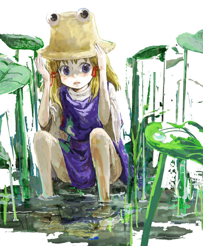 poncho (poncho), moriya suwako, touhou, 1girl, blonde hair, female focus, lily pad, nature, outdoors, solo, thighhighs, water