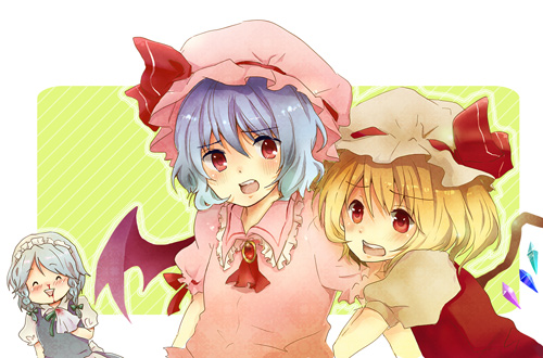 ena (artist), flandre scarlet, izayoi sakuya, remilia scarlet, touhou, bad id, bad pixiv id, lowres, 3girls, blood, female focus, handkerchief, hat, holding, holding handkerchief, maid, multiple girls, nosebleed, upper body