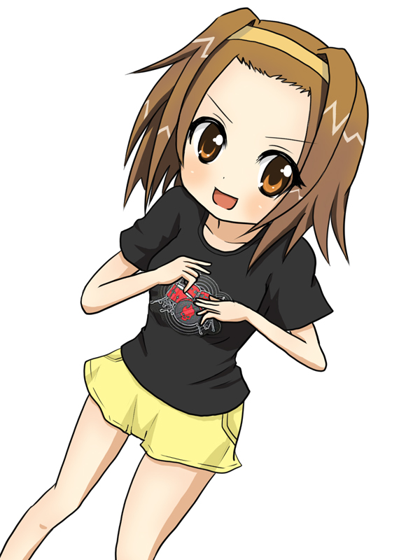 kurasaki shin'ya, kurasaki shinya, tainaka ritsu, k-on!, 00s, 1girl, brown eyes, brown hair, casual, female focus, hairband, shirt, short hair, solo, t-shirt, tomboy