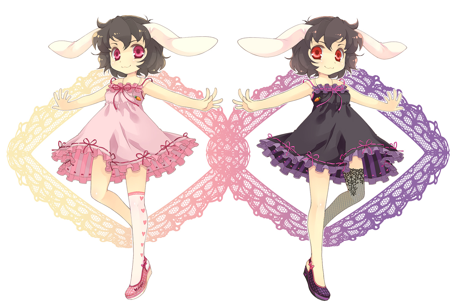 sokomushi, inaba tewi, touhou, bad id, bad pixiv id, 2girls, alternate color, animal ears, black hair, dress, dual persona, female focus, multiple girls, palette swap, rabbit ears, red eyes, short hair, symmetry, thighhighs