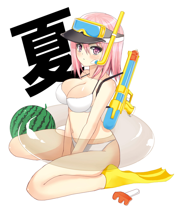 char, visor, 1girl, bikini, diving mask, female focus, fins, food, fruit, goggles, innertube, pink eyes, pink hair, rake, short hair, sitting, snorkel, solo, swim ring, swimsuit, visor cap, wariza, water gun, watermelon, white bikini