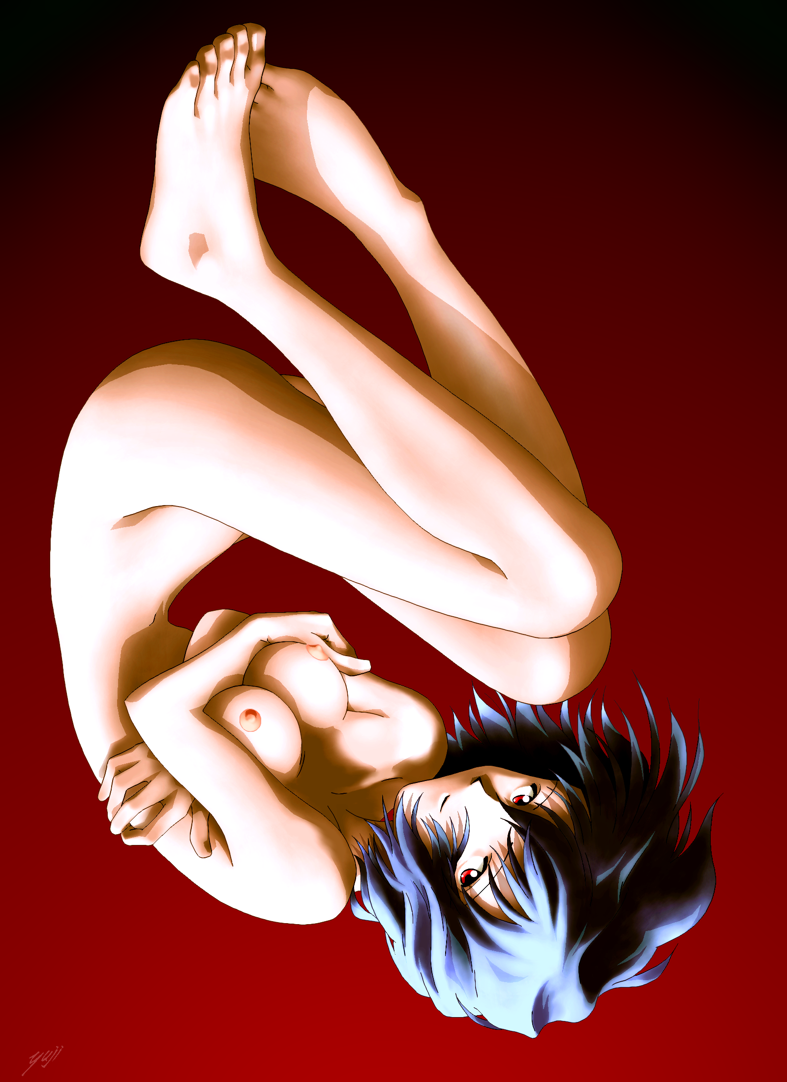 kobayashi yuji, ayanami rei, neon genesis evangelion, highres, 1girl, barefoot, blue hair, breasts, completely nude, feet, female focus, fetal position, legs, nipples, nude, pale skin, red eyes, short hair, solo, thighs