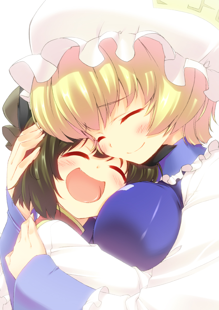 hyouju issei, tsukiyo-b, chen, yakumo ran, touhou, highres, 2girls, :d, blonde hair, bloom, brown hair, close-up, female focus, happy, hat, hug, multiple girls, open mouth, short hair, smile
