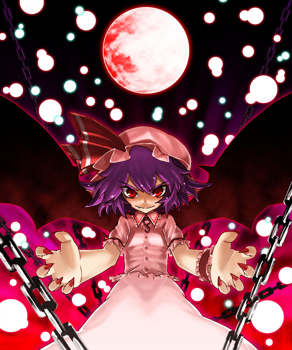 shin (nsb-s), remilia scarlet, touhou, highres, 1girl, bat wings, chain, danmaku, female focus, hat, moon, outdoors, purple hair, red eyes, red moon, short hair, sky, solo, wings