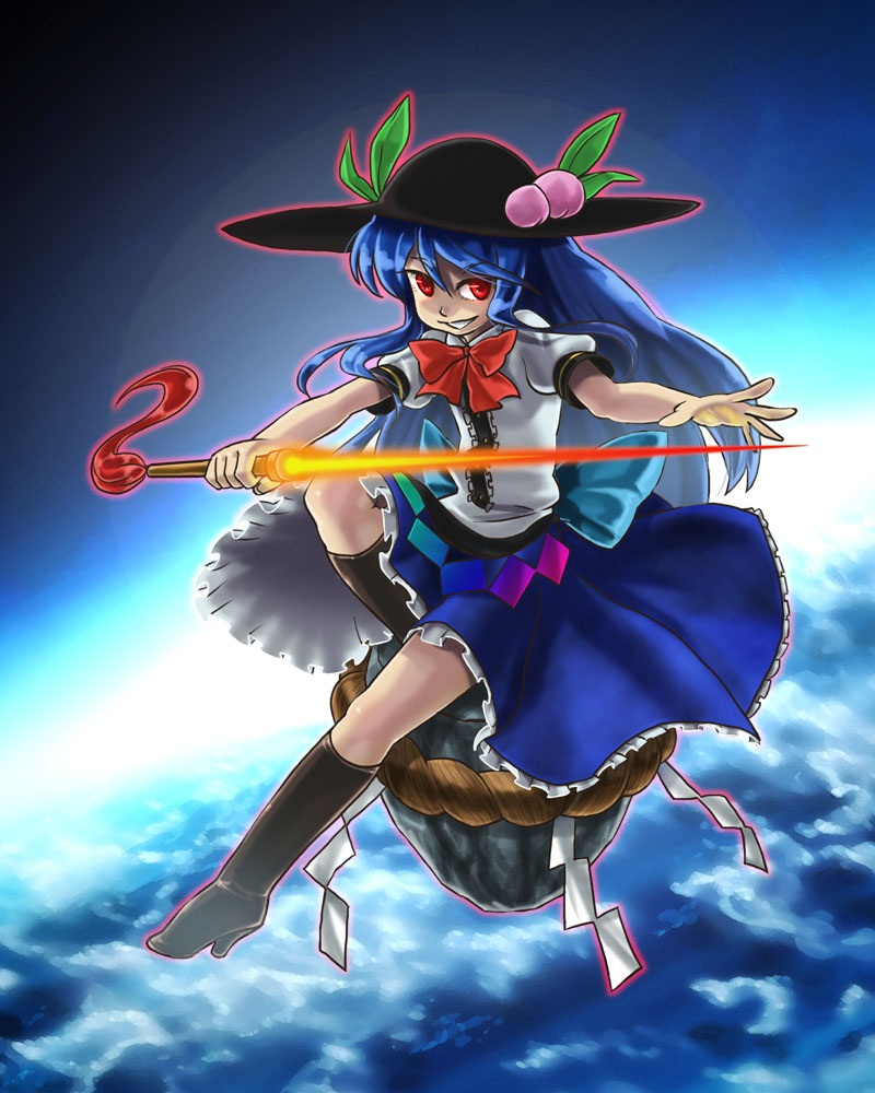 shin (nsb-s), hinanawi tenshi, touhou, 1girl, blouse, blue hair, boots, cloud, female focus, food, fruit, hat, high heels, long hair, peach, red eyes, ribbon, shirt, shoes, skirt, solo, sword, sword of hisou, weapon