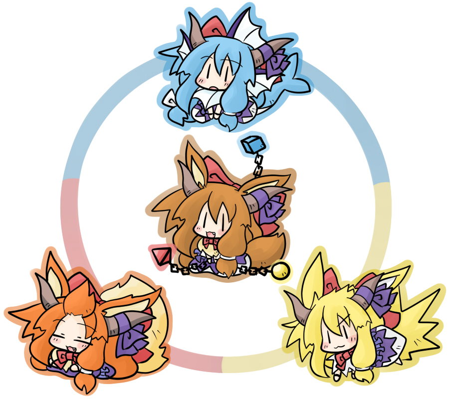 yanagi (nurikoboshi), eevee, flareon, ibuki suika, jolteon, vaporeon, nintendo, pokemon, touhou, 4girls, animal ears, blonde hair, blue hair, brown hair, chain, chibi, costume, fang, female focus, gen 1 pokemon, horns, long hair, multiple girls, orange hair, parody, pokemon (creature), tail, | |