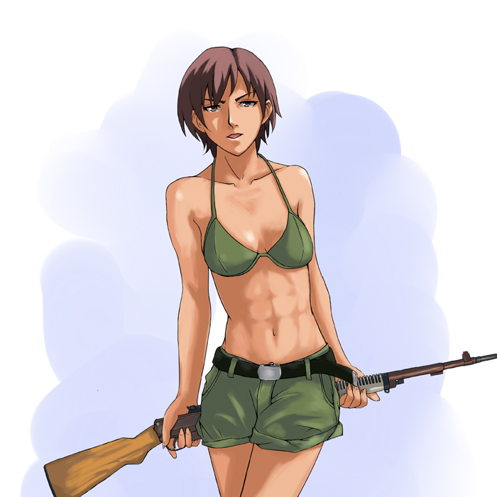 tomoshiki, bad id, bad pixiv id, 1girl, abs, belt, bra, female focus, gun, lingerie, rifle, short hair, shorts, solo, underwear, weapon, zh-29