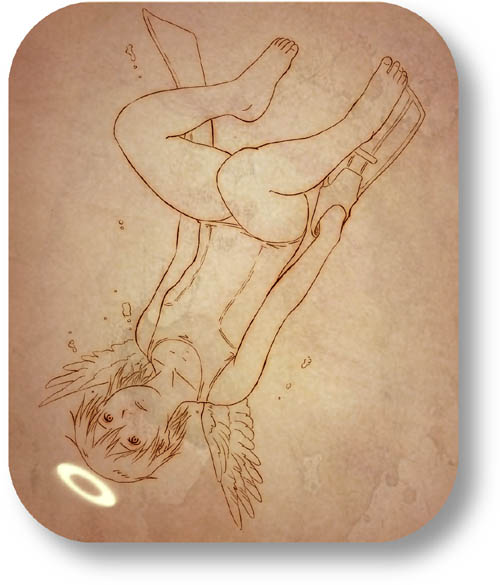 aaru sentou shuudan, rakka (haibane renmei), haibane renmei, 00s, 1girl, barefoot, brown theme, feet, female focus, halo, monochrome, one-piece swimsuit, rounded corners, school swimsuit, short hair, solo, static cling, swimsuit, traditional halo, underwater, upside-down, wings
