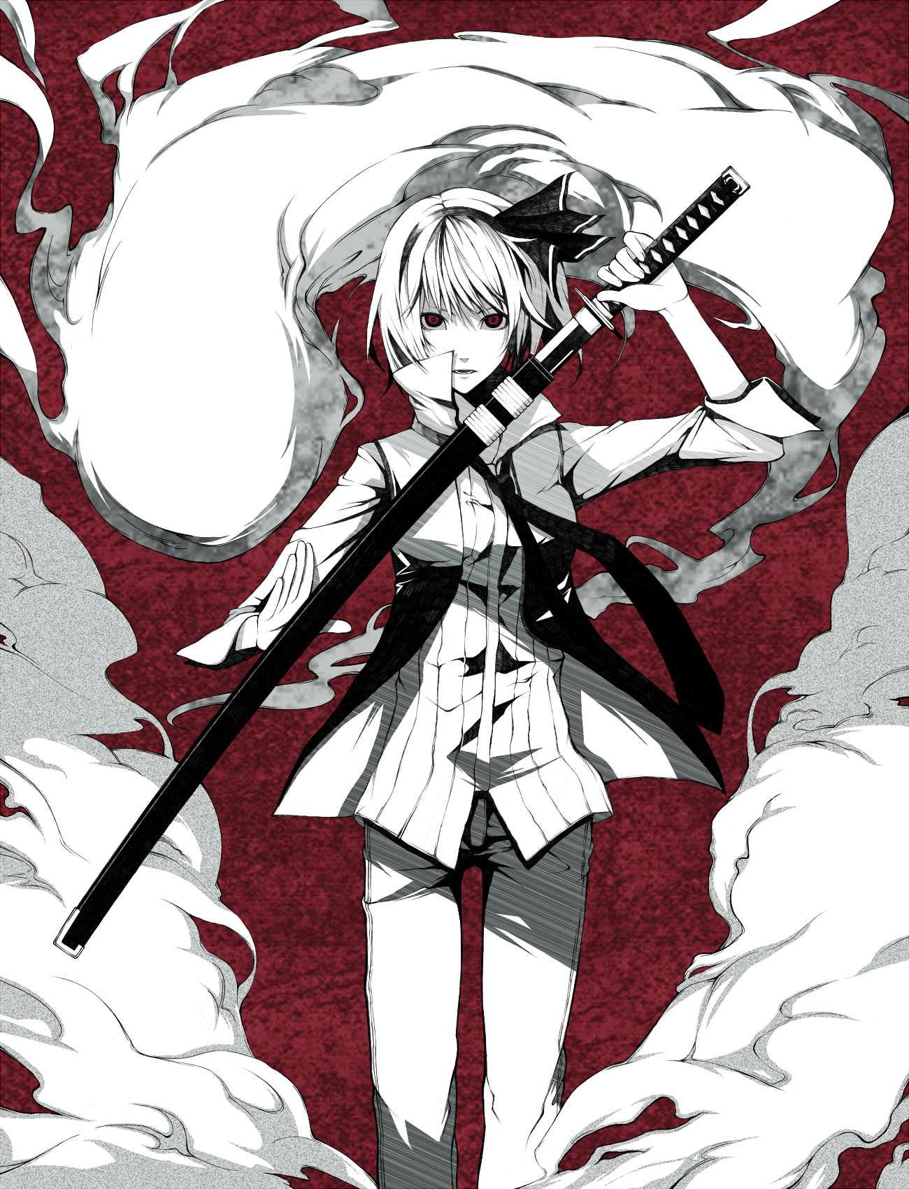 kodama (wa-ka-me), konpaku youmu, konpaku youmu (ghost), touhou, highres, 1girl, alternate costume, collar, female focus, holding, holding sword, holding weapon, katana, long sleeves, monochrome, pants, red eyes, sheath, solo, standing, sword, unsheathing, vest, weapon