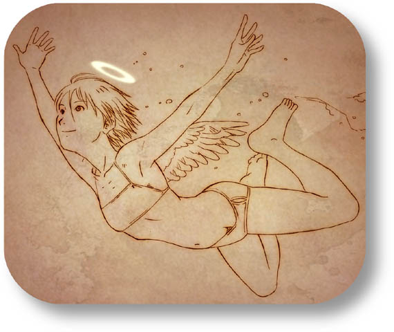 aaru sentou shuudan, kana, kana (haibane renmei), haibane renmei, 00s, 1girl, armpits, bare shoulders, barefoot, bikini, brown theme, female focus, halo, monochrome, navel, rounded corners, short hair, solo, swimsuit, traditional halo, underwater, wings