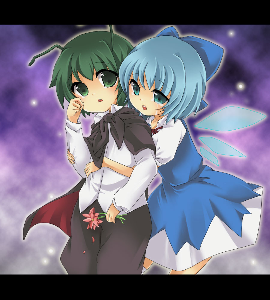 ayatamushi, cirno, wriggle nightbug, touhou, bad id, bad pixiv id, 2girls, antennae, blue hair, cape, flower, green eyes, green hair, hair ribbon, multiple girls, ribbon, short hair, tears, wings