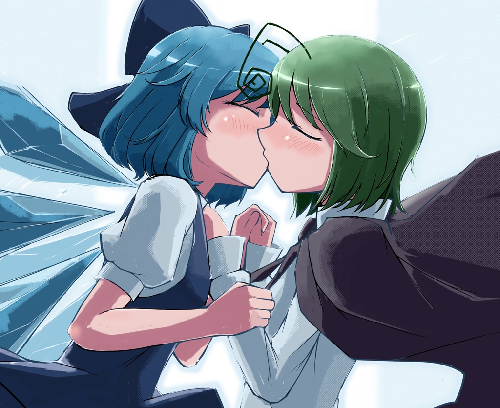 nakedgeneral, cirno, wriggle nightbug, touhou, arm grab, bad id, bad pixiv id, 2girls, antennae, blue hair, blush, cape, closed eyes, green hair, hair ribbon, holding hands, kiss, multiple girls, ribbon, short hair, wings, yuri