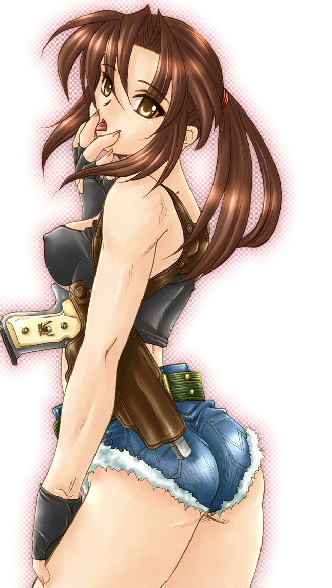 ikeda tsukasa, revy (black lagoon), black lagoon, 00s, 1girl, ass, belt, beretta 92, breasts, covered erect nipples, denim, denim shorts, female focus, gloves, gun, handgun, medium breasts, pistol, ponytail, shorts, solo, tongue, weapon