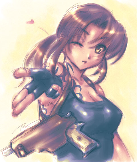 ikeda tsukasa, revy (black lagoon), black lagoon, 00s, 1girl, beretta 92, female focus, gloves, gun, handgun, holster, one eye closed, pistol, shoulder holster, solo, tank top, tattoo, weapon, wink