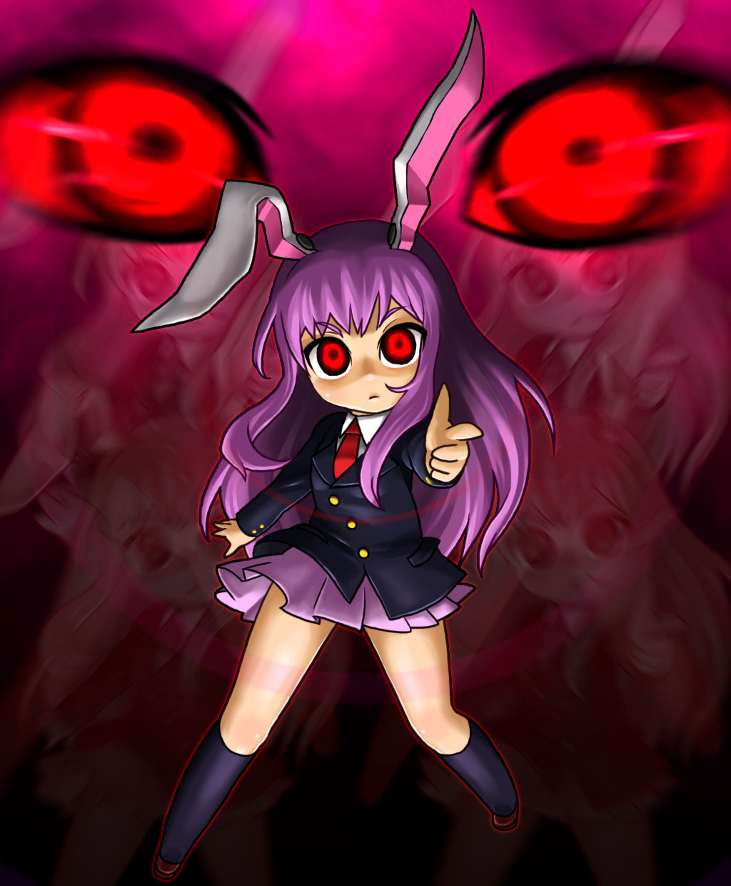 shin (nsb-s), reisen udongein inaba, touhou, highres, 1girl, animal ears, blazer, eye focus, female focus, finger gun, jacket, kneehighs, long hair, necktie, pleated skirt, pointing, purple hair, rabbit ears, red eyes, red necktie, skirt, socks, solo