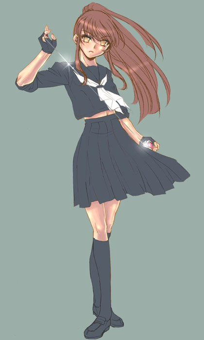 ikeda tsukasa, sukeban deka, 1girl, female focus, fingerless gloves, gloves, ponytail, school uniform, serafuku, socks, solo, yo-yo