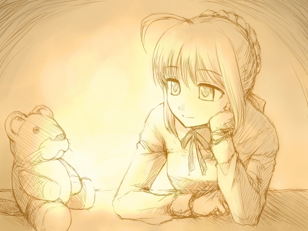 funnyari, artoria pendragon (fate), saber (fate), fate/stay night, fate (series), bad id, bad pixiv id, 00s, 1girl, ahoge, female focus, lion, monochrome, short hair, solo, stuffed animal, stuffed lion, stuffed toy, upper body, yellow theme