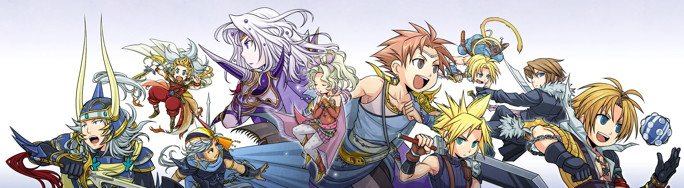 ujuju, bartz klauser, cecil harvey, cloud strife, firion, onion knight, paladin (final fantasy), squall leonhart, tidus, tina branford, warrior of light (ff1), zidane tribal, dissidia final fantasy, final fantasy, final fantasy i, final fantasy ii, final fantasy iii, final fantasy iv, final fantasy ix, final fantasy v, final fantasy vi, final fantasy vii, final fantasy viii, final fantasy x, 1980s (style), highres, long image, wide image, 00s, 1990s (style), 1girl, 6+boys, blitzball, buster sword, dual wielding, everyone, holding, in-franchise crossover, multiple boys, oldschool, paladin, pantyhose, retro artstyle, sword, weapon