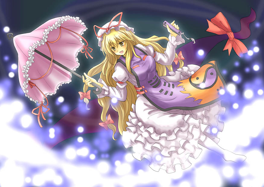 hino ryuu, hinoryu, yakumo yukari, touhou, bad id, bad pixiv id, 1girl, blonde hair, elbow gloves, female focus, gloves, hat, long hair, purple eyes, ribbon, solo, umbrella