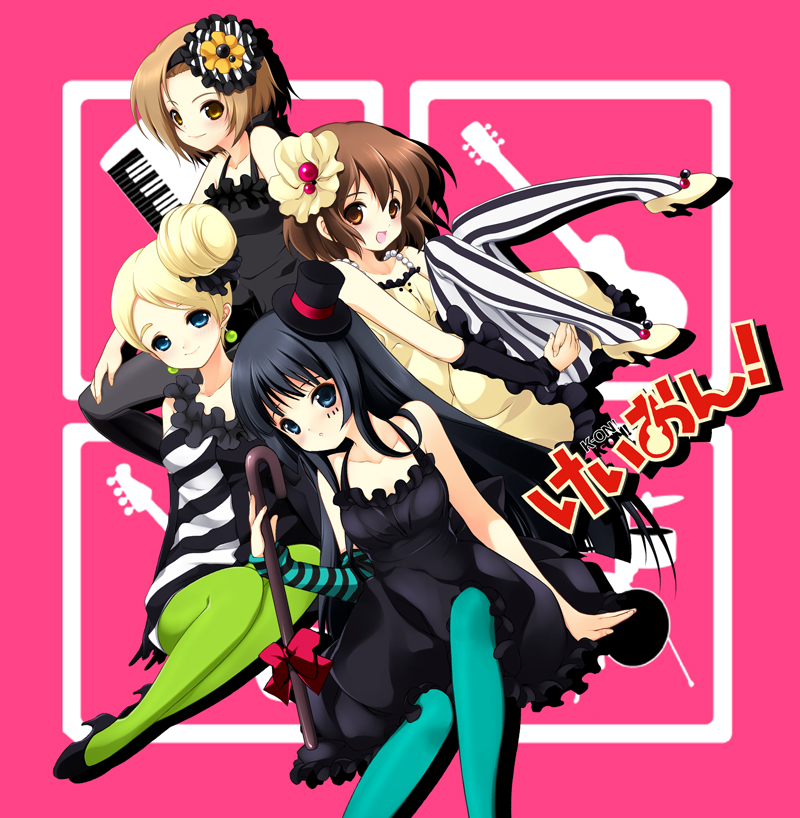 juna, akiyama mio, hirasawa yui, kotobuki tsumugi, tainaka ritsu, don't say "lazy", k-on!, blue legwear, striped legwear, vertical-striped legwear, bad id, bad pixiv id, 00s, 4girls, aqua pantyhose, black eyes, black hair, blue eyes, brown eyes, brown hair, cane, dress, fingerless gloves, gloves, green pantyhose, hair bun, hat, ho-kago tea time, long hair, multiple girls, pantyhose, short hair, single hair bun, striped clothes, striped pantyhose, top hat, vertical-striped clothes, vertical-striped pantyhose