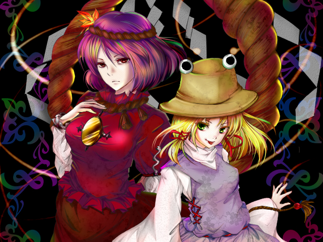wikumi, moriya suwako, yasaka kanako, touhou, bad id, bad pixiv id, 2girls, blonde hair, female focus, green eyes, hat, multiple girls, purple hair, red eyes, rope, shide, shimenawa, short hair