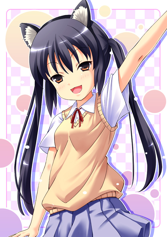 uehara yukihiko, nakano azusa, k-on!, bad id, bad pixiv id, 00s, 1girl, animal ears, black hair, brown eyes, cat ears, cat girl, female focus, long hair, neck ribbon, red ribbon, ribbon, school uniform, solo, sweater vest, twintails