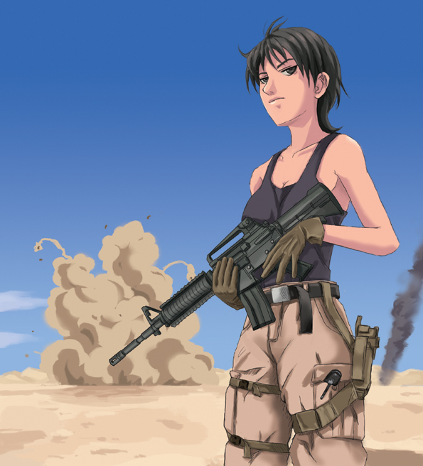 tomoshiki, original, bad id, bad pixiv id, 1girl, assault rifle, belt, black eyes, black hair, buckle, day, desert, explosion, female focus, gloves, gun, holster, knife, left-handed, m4 carbine, military fatigues, military operator, military uniform, rifle, short hair, sky, smoke, snap-fit buckle, solo, tank top, thigh strap, weapon