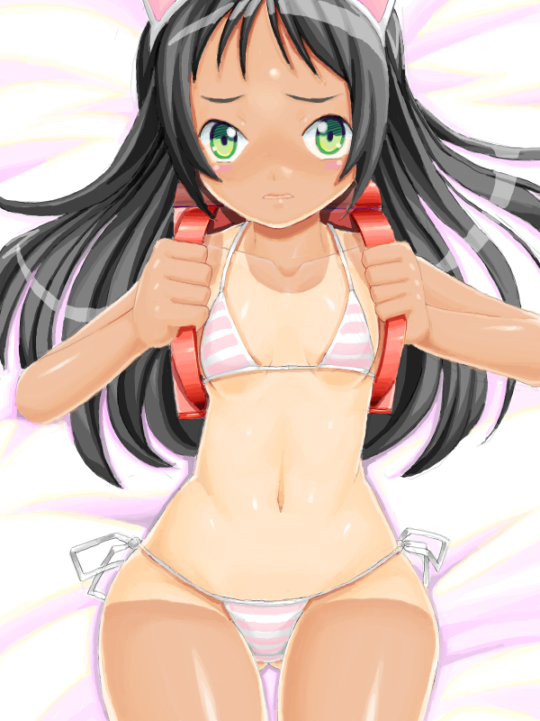 zouzou, haduki kurumi, hazuki kurumi, kaitou tenshi twin angel, twin angel, 10s, 1girl, animal ears, backpack, bag, bed, bikini, black hair, blush, breasts, cat ears, female focus, flat chest, from above, green eyes, hair spread out, hip focus, loli, long hair, looking at viewer, lying, micro bikini, navel, on back, one-piece tan, open mouth, randoseru, shiny skin, side-tie bikini bottom, small breasts, solo, striped bikini, striped clothes, swimsuit, tan, tanline, thigh gap, thighs, underboob, white bikini, wide hips