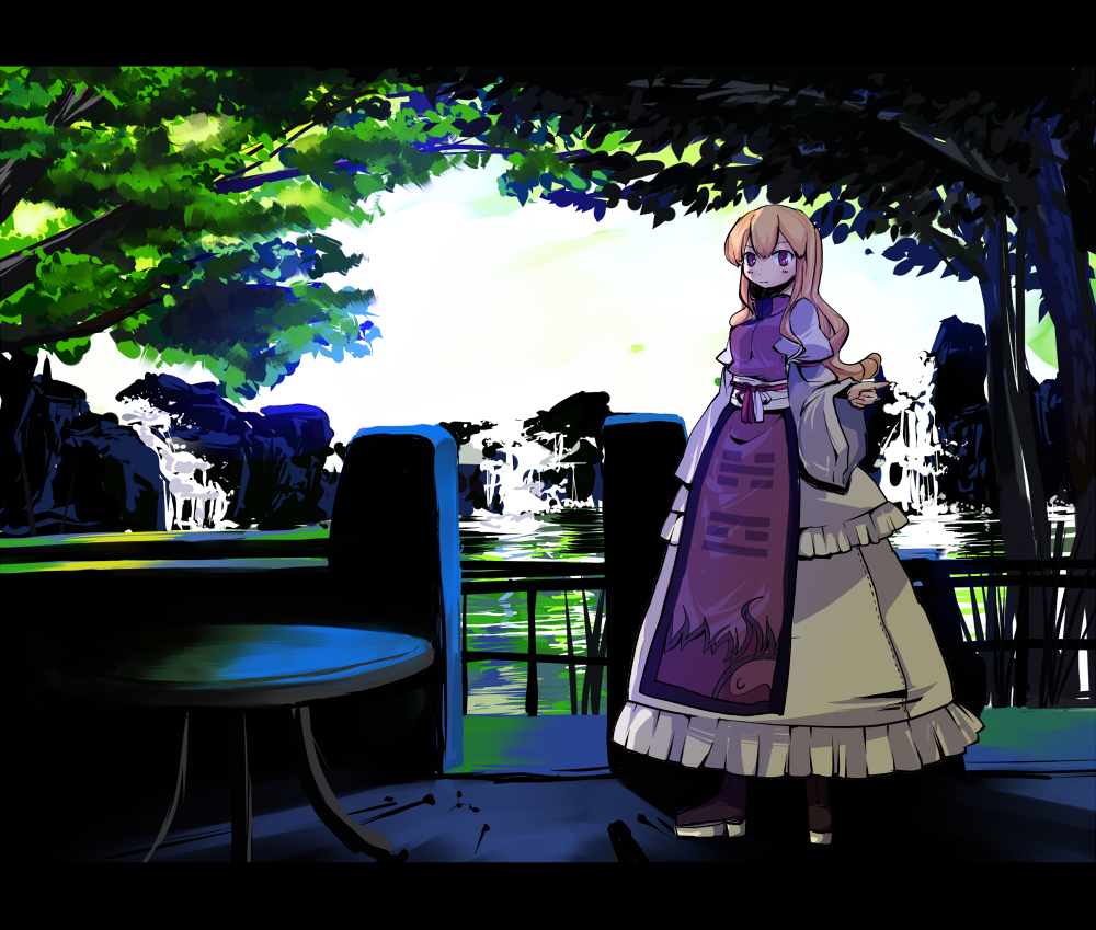 garnet, yakumo yukari, touhou, 1girl, blonde hair, female focus, letterboxed, long hair, no headwear, purple eyes, solo, tabard