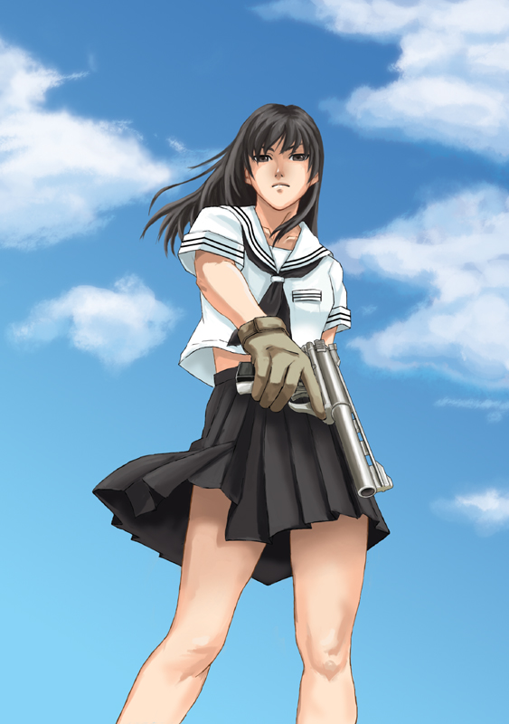 tomoshiki, bad id, bad pixiv id, 1girl, automag, cloud, day, female focus, gloves, gun, handgun, looking at viewer, midriff, pistol, school uniform, serafuku, skirt, sky, solo, trigger discipline, weapon