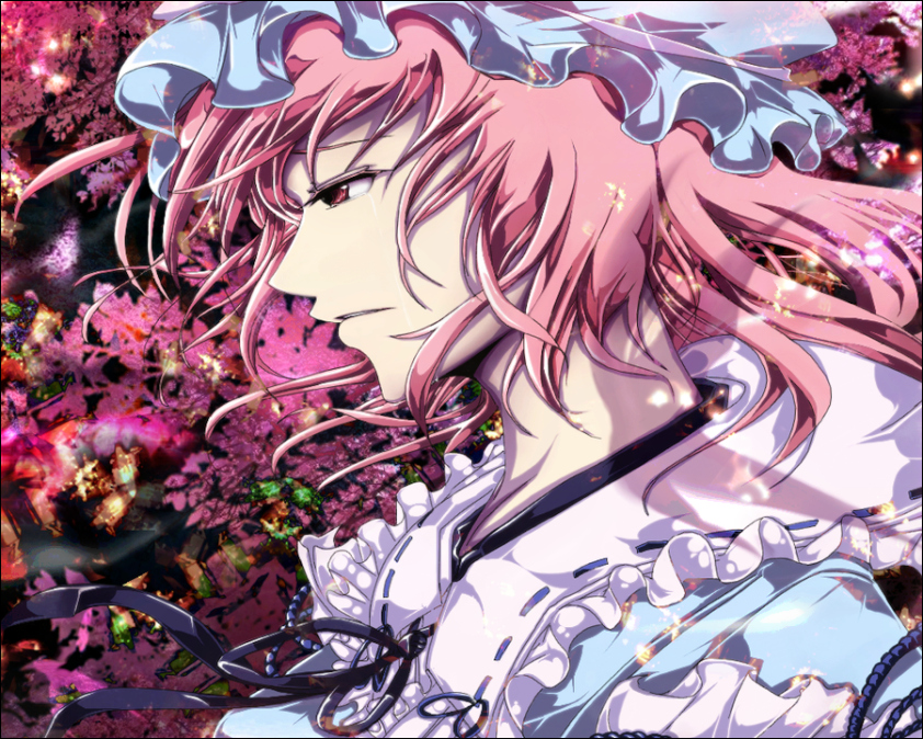 awkwardkuroki, saigyouji yuyuko, touhou, bad id, bad pixiv id, 1girl, expressionless, female focus, hat, leaf, pink eyes, pink hair, profile, short hair, solo, wind