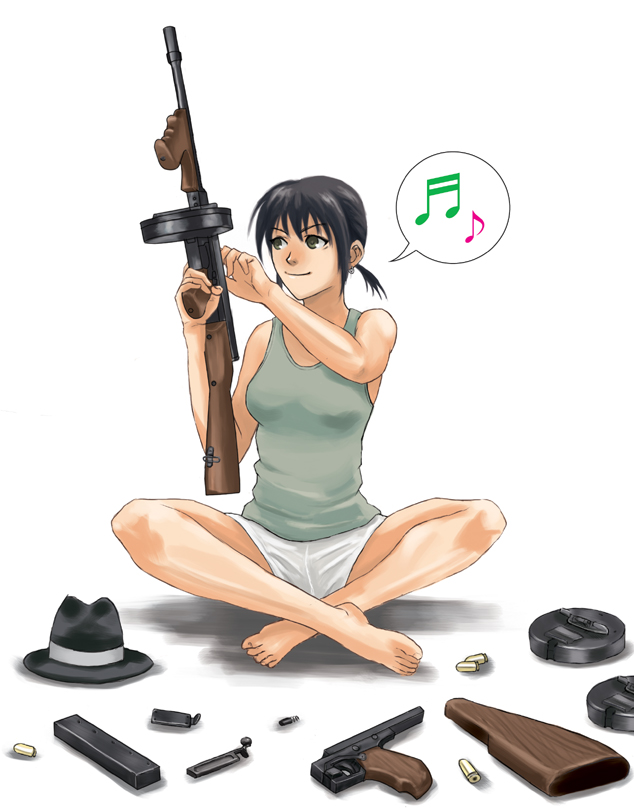 tomoshiki, bad id, bad pixiv id, character request, source request, 1girl, assembling, barefoot, black eyes, black hair, crossed legs, drum magazine, earrings, fedora, feet, female focus, gangster, gun, hat, indian style, jewelry, magazine (weapon), musical note, quaver, shorts, sitting, solo, speech bubble, spoken musical note, spread legs, submachine gun, tank top, thompson submachine gun, twintails, weapon