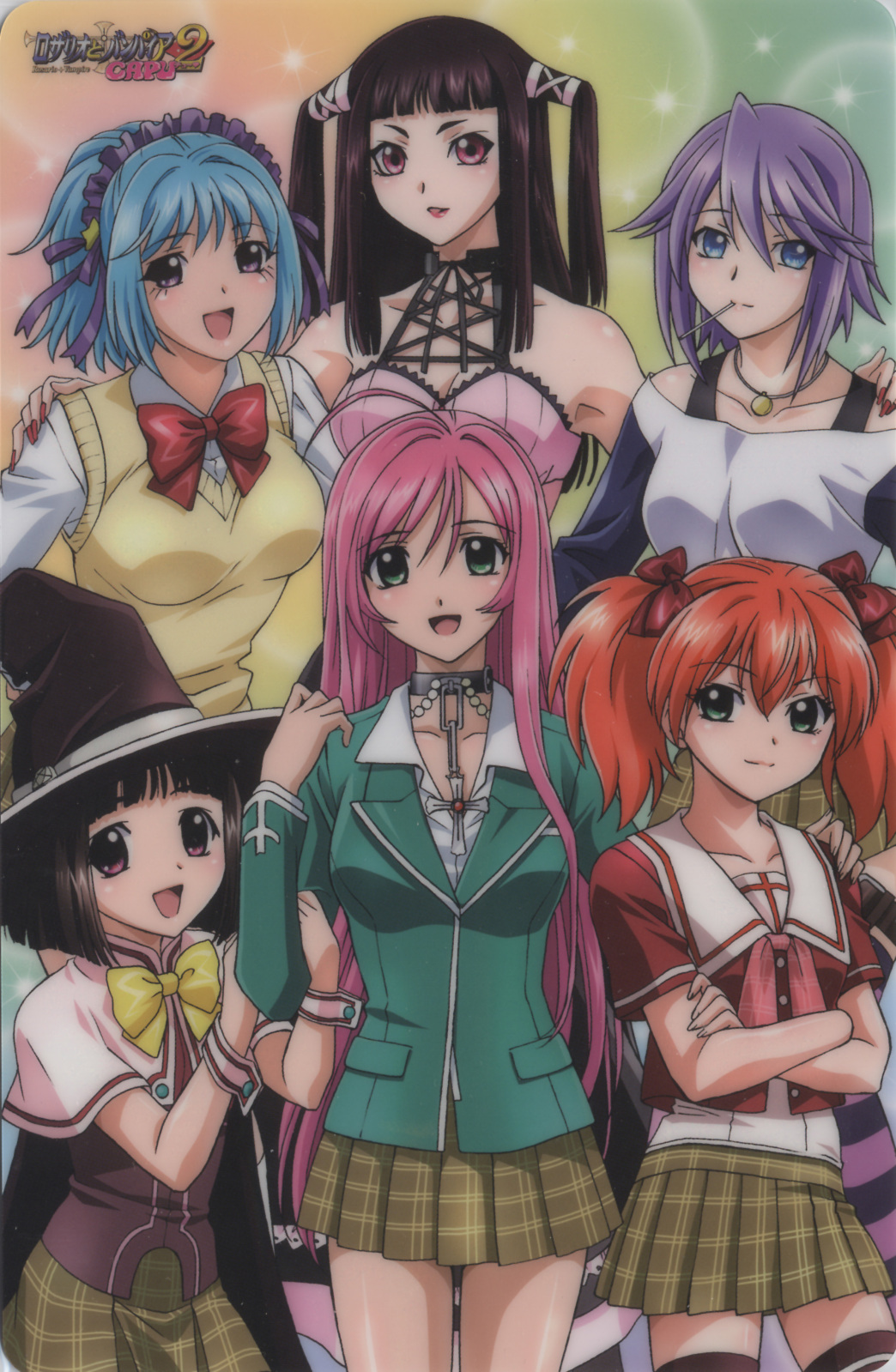 kamoroosaazu, akashiya moka, kurono kurumu, sendou yukari, shirayuki mizore, shuzen kokoa, toujou ruby, rosario+vampire, striped, striped legwear, highres, official art, scan, 00s, 6+girls, ahoge, bat (animal), black hair, blazer, blouse, blue eyes, blue hair, blush, bob cut, breasts, candy, cape, choker, cleavage, closed eyes, cover, cross, dvd cover, everyone, fang, flat chest, food, green shirt, grin, hair ornament, hair ribbon, hat, jacket, large breasts, laughing, lipstick, lollipop, long hair, makeup, multiple girls, one eye closed, orange hair, pink eyes, purple eyes, purple hair, ribbon, shirt, short hair, smile, sweat, sweater, sweater vest, thighhighs, twintails, wink, witch, witch hat