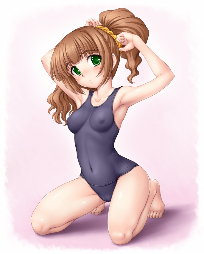amane (funfun), takatsuki yayoi, idolmaster, idolmaster (classic), 00s, 1girl, adjusting hair, armpits, barefoot, breasts, brown hair, cameltoe, covered erect nipples, female focus, full body, gradient background, green eyes, hairdressing, kneeling, one-piece swimsuit, school swimsuit, skin tight, small breasts, solo, swimsuit, twintails