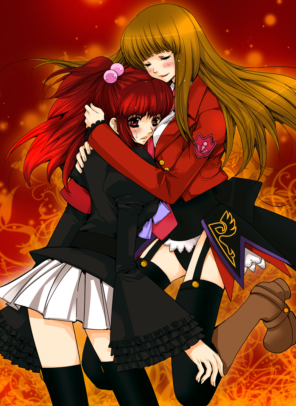 erizou, mammon (umineko), stakes of purgatory, ushiromiya ange, umineko no naku koro ni, highres, 00s, blush, boots, brown hair, frills, hair bobbles, hair ornament, hug, jacket, leotard, long hair, red eyes, red hair, skirt, tears, thighhighs