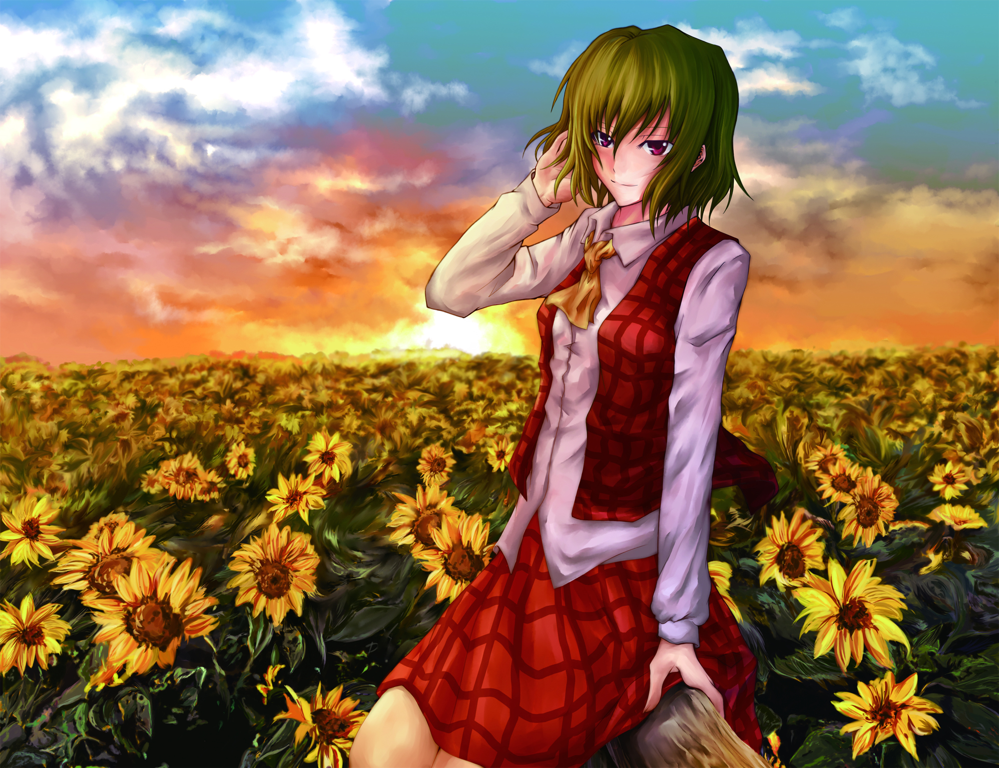 pokimari, kazami yuuka, touhou, bad id, bad pixiv id, highres, 1girl, adjusting hair, ascot, female focus, field, flower, flower field, green hair, plaid clothes, plaid skirt, plaid vest, purple eyes, red eyes, short hair, sitting, skirt, skirt set, solo, sunflower, sunflower field, sunset, vest
