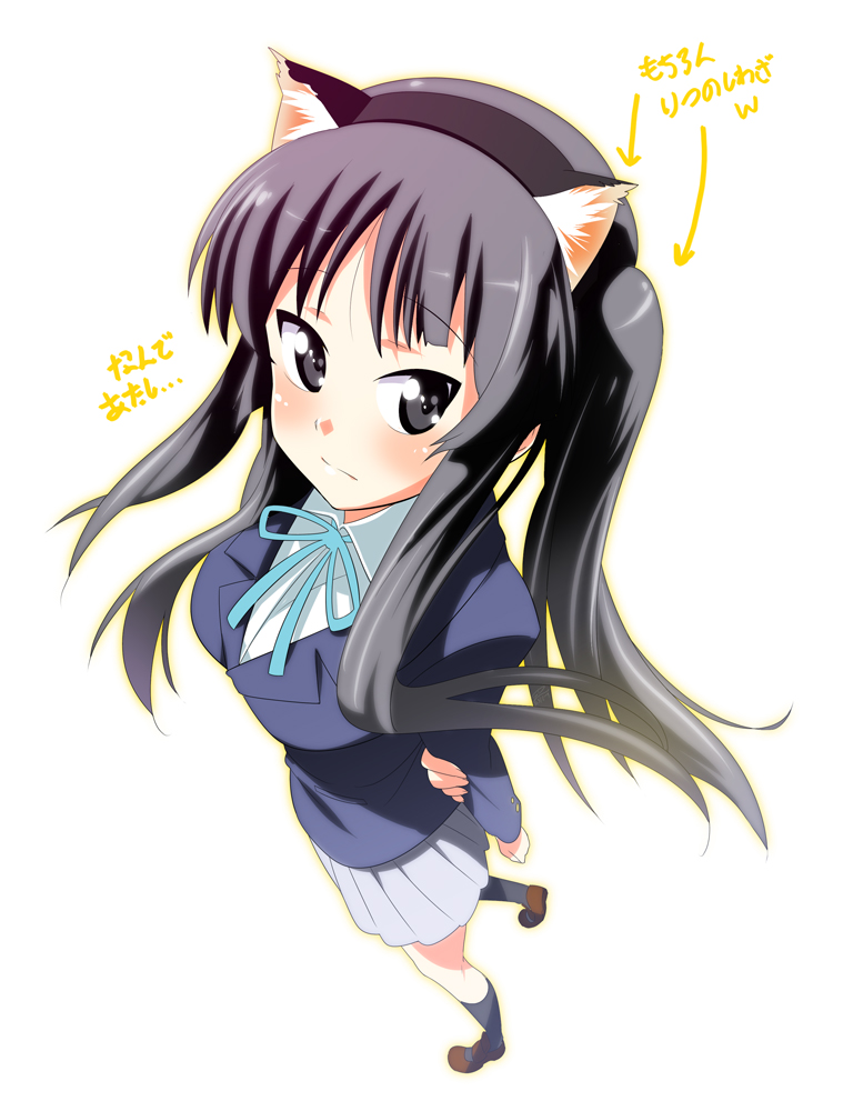 zpolice, akiyama mio, k-on!, bad id, bad pixiv id, 00s, 1girl, animal ears, black eyes, black hair, blush, breasts, cat ears, cat girl, female focus, from above, full body, gradient background, hairband, looking up, school uniform, solo, twintails, white background
