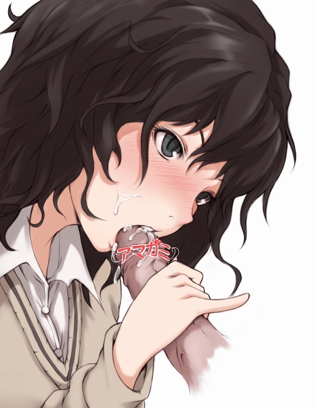 ina (gokihoihoi), tanamachi kaoru, amagami, 1girl, black hair, blush, censored, cum, cum in mouth, cum on body, facial, fellatio, handjob, messy hair, oral, penis, pinky out, solo focus, sweater