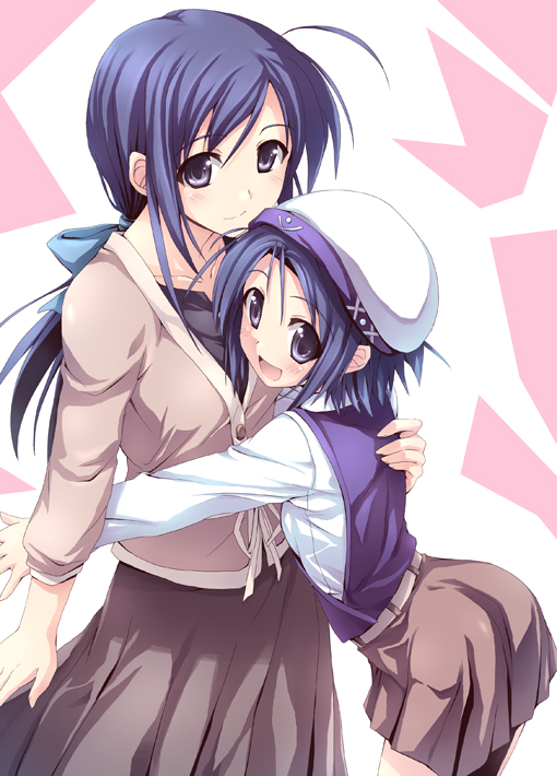 kusakami akira, original, 2girls, ahoge, blue eyes, blue hair, hat, hug, multiple girls, siblings, sisters, skirt