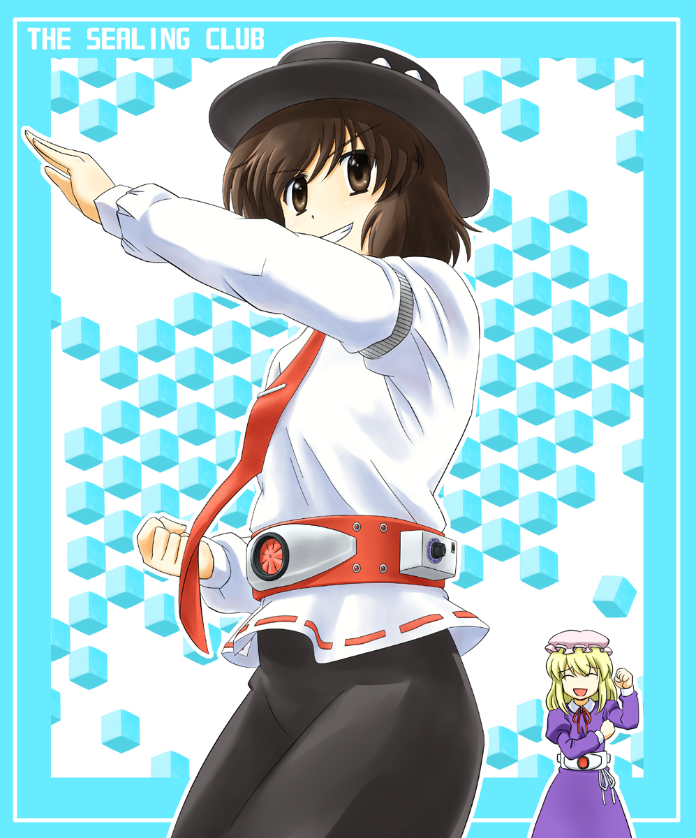 satsuki hare shin, satsuki harunobu, kamen rider 1, kamen rider 2, maribel hearn, usami renko, ghostly field club, kamen rider, kamen rider (1st series), touhou, bad id, bad pixiv id, highres, 2girls, belt, blonde hair, brown hair, female focus, hat, henshin, multiple girls, parody, short hair