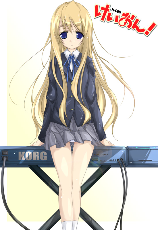 yumesato makura, kotobuki tsumugi, k-on!, korg, eyebrows, bad id, bad pixiv id, 00s, 1girl, blonde hair, blue eyes, cable, female focus, gradient background, instrument, keyboard, keyboard (instrument), long hair, panties, pantyshot, school uniform, sitting, skirt, socks, solo, underwear, white panties