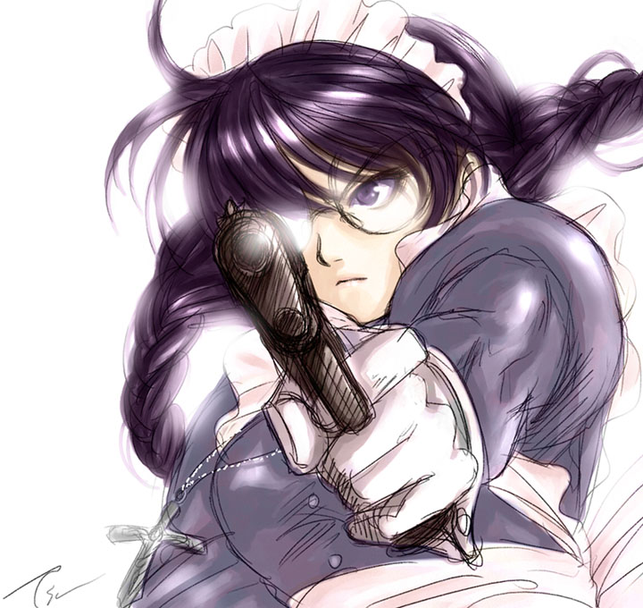 ikeda tsukasa, roberta (black lagoon), black lagoon, 00s, 1girl, aiming, aiming at viewer, braid, combat maid, cross, female focus, frown, glasses, gloves, gun, handgun, maid, maid headdress, pistol, solo, twin braids, weapon, white gloves