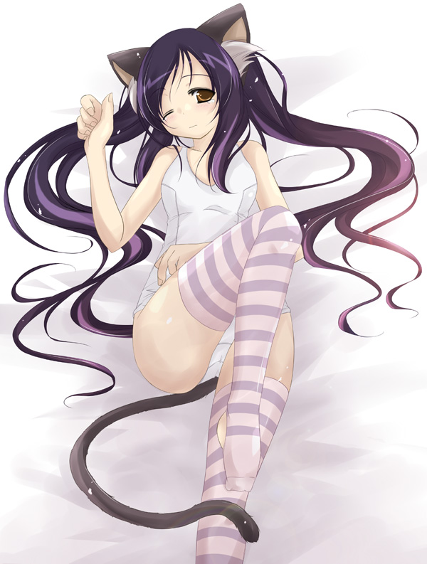 yumesato makura, nakano azusa, k-on!, bad id, bad pixiv id, 00s, 1girl, animal ears, black hair, brown eyes, cat ears, cat tail, female focus, leg lift, long hair, lying, on back, one-piece swimsuit, one eye closed, panties, school swimsuit, solo, striped clothes, striped thighhighs, swimsuit, tail, thighhighs, twintails, underwear, white one-piece swimsuit, white school swimsuit, wink