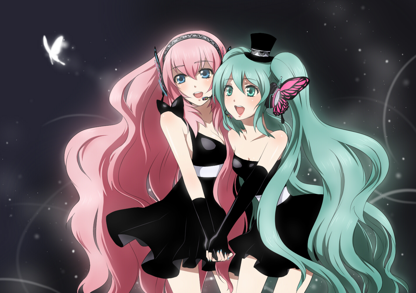 meimone, hatsune miku, megurine luka, magnet (vocaloid), vocaloid, 2girls, aqua eyes, aqua hair, aqua nails, blue eyes, bug, butterfly, fingerless gloves, gloves, hat, headphones, holding hands, long hair, mini hat, mini top-hat, mini top hat, multiple girls, nail polish, pink hair, top hat, twintails, very long hair, yuri