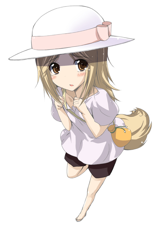 shiwo, kogitsune, natsume yuujinchou, 00s, 1boy, blonde hair, blush, brown eyes, hat, male focus, paw pose, pouch, sandals, shorts, simple background, solo, tail, tears, trap